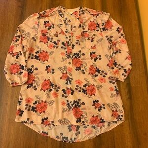Matilda Jane top Medium light Pink Peach floral popover 3/4 sleeves 100% Rayon